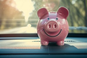 piggy bank on car dashboard