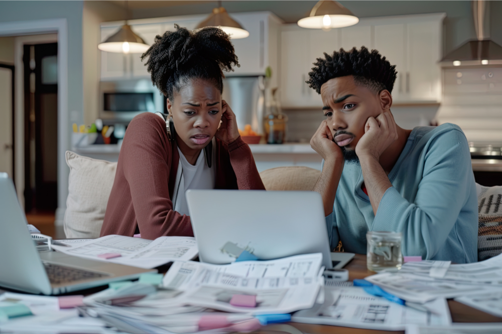 man and woman looking at debt and finances